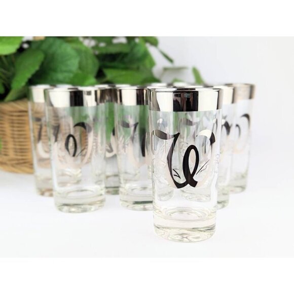 Set of 8 Mid Century Drinkware Mercury Silver Rim Glasses Queen's Lusterware "W" - Picture 2 of 10